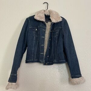 INC International Concepts Blue Jean Jacket with Cream Faux Fur Y2K Vintage
